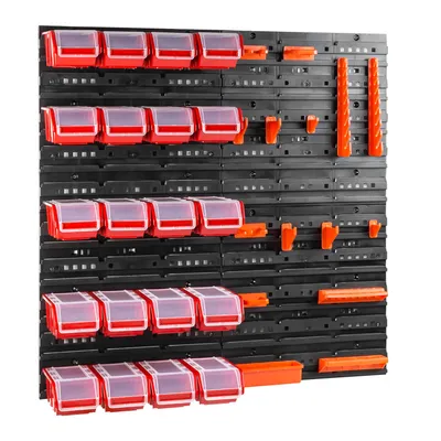 Productafbeelding van Werkplaats wandrek, gereedschapshouder, stapelboxen, wandpanelen met boxen, sorteerrek, 20 stuks boxen met deksel, wandrek 80 x 80 cm, gereedschapshouder, schuifladekast, transparante opbergboxen, kunststof opslagsysteem