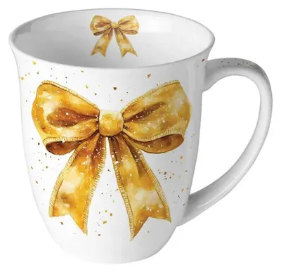 Image de Gobelet de Noël, 0,4 l, avec ruban cadeau doré et nœud fantaisie, doré/blanc