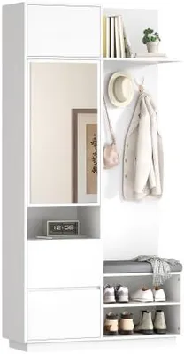 Produktbild von Kompaktgarderobe Set mit Spiegel – Flurgarderobe mit Sitzbank & Schuhschrank, Garderobenschrank mit Haken und Stauraum, Weiß, 90×34,5×190 cm
