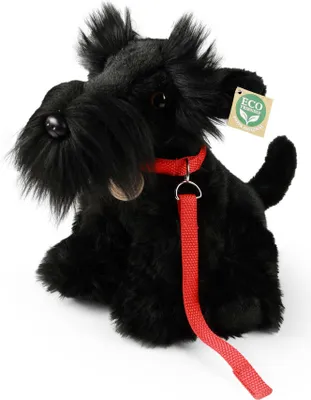 A black plush dog with a red collar and leash, sitting on a white background.