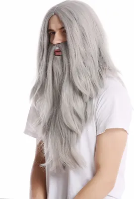 A man wearing a white t-shirt and a long grey wig with a beard.