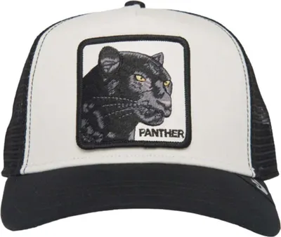 A trucker cap with a black brim and a white front panel featuring a patch of a black panther's head.