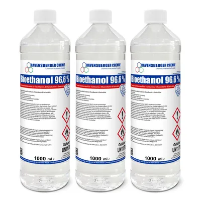 Produktbild von Ravensberger Chemie Bioethanol 96,6 % Premium Kaminbrennstoff für Tischkamin Ethanolkamin Brennstoff Gartenkamin und dekorative Feuerstellen - 3 x 1 L