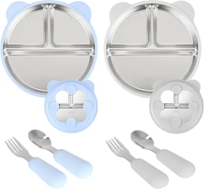 Produktbild von Baby Teller aus Edelstahl mit Saugnapf, 2 Stück, abnehmbarer Silikondeckel, für Kinder