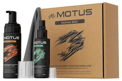 Imagen del producto de Kit de limpieza 3 en 1 para casco, visera y gafas de la marca Mr. Motus, que incluye espuma limpiadora, spray refrescante y un paño de microfibra