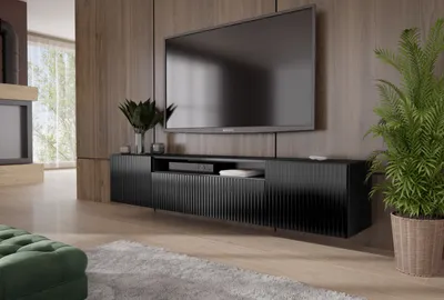 Produktbild von ALTDECOR TV-Schrank CIRA-W mit Gefrästen Fronten, wandhängend, 200 x 40 x 41 cm, 3 Fächer mit Klapptür links, rechts und nach Unten, TV-Lowboard mit Push-to-Open-System Türen - Schwarz