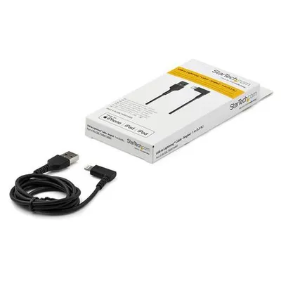 Produktbild von StarTech.com 1m strapazierfähiges schwarzes USB auf Lightning-Kabel - 90° rechtwinkliges USB Lightning Ladekabel mit Aramidfaser - Synchronisationskabel - Apple MFi- iPad/iPhone 12, 1 m, Lightning, USB A, Männlich, Männlich, Schwarz