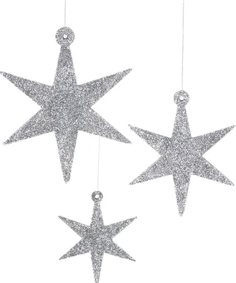 Produktbild von Oblique Unique 3 Holz Sterne mit Glitzereffekt Schnur Weihnachtsdeko Weihnachtsbaum Anhänger Weihnachten silber