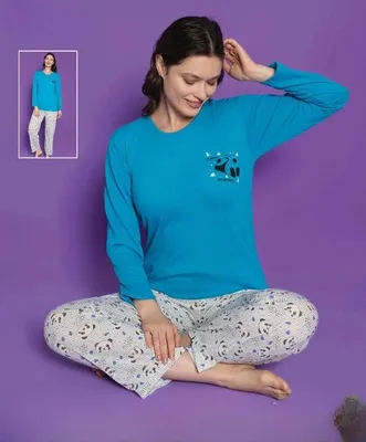 Produktbild von Damen Große Größen Pyjama Schlafanzug Blau 5XL Lang Baumwolle 2-Teiler Set L-98