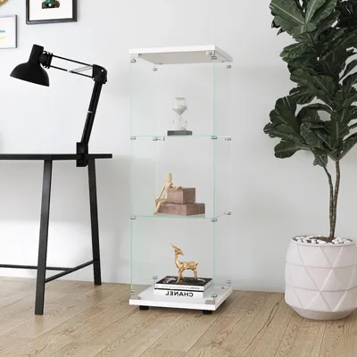 Zdjęcie produktu dla Szafka witryna szklana - Wolnostojąca witryna - 3 półki - Szkło hartowane - Metalowa rama z zamkiem - Nowoczesny design - Biały kolor