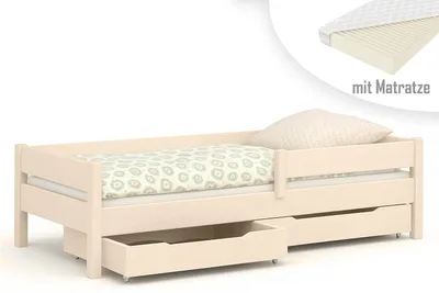 Produktbild von Kinderbett 180x90 Kinderbett mit Rausfallschutz & Lattenrost Naturbelassen 80 x 180 für Mädchen und Jungen Massivholz Kiefer und MDF Möbelplatte, mit Matratzen und Schubladen