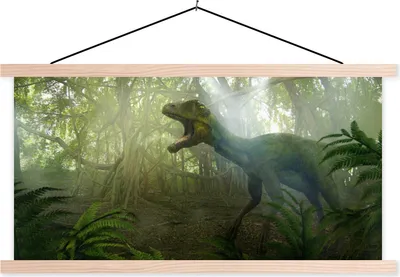 Produktbild von MuchoWow® Textilposter Dinosaurier - Dschungel - Pflanzen 120x60 cm mit holzfarbenen Rahmen - Klemmleiste