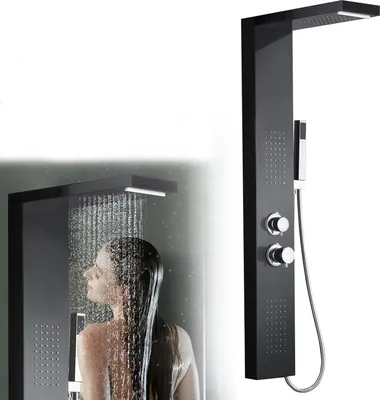 Zdjęcie produktu dla JOIEYOU panel prysznicowy ze stali nierdzewnej 4 w 1 wielofunkcyjny system prysznicowy z deszczownicą, słuchawką prysznicową i dyszami masującymi system prysznicowy do wanny z kranem kolumna prysznicowa do prysznica i wanny, czarna