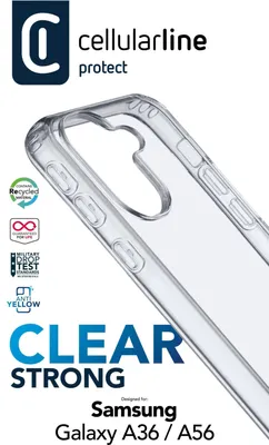 A clear phone case is shown diagonally against a white background, with brand logos and feature callouts.