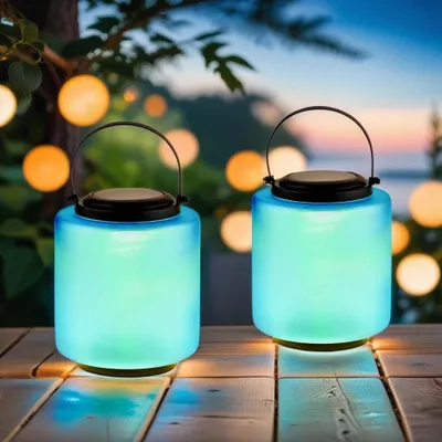 Produktbild von Marrakesch 2er Set Solarlaterne für außen mit Henkel aus Glass 33cm Groß | Skandinavische Outdoor Solar LED Laterne Erlin blau IP65 Wasserdicht als Gartendeko Deko