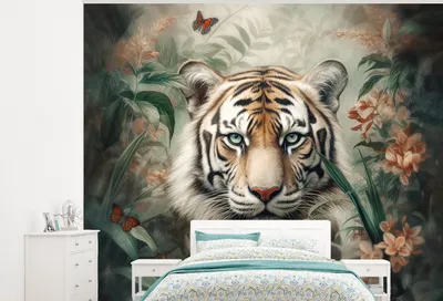 Produktbild von MuchoWow® Fototapete für Wohnzimmer oder Schlafzimmer Wandtapete Vinyl Motivtapete Tiger - Schmetterlinge - Tiere - Dschungel - Blumen - 325x260 cm - Tapete