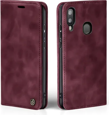 A burgundy flip case for a smartphone is shown from two angles.