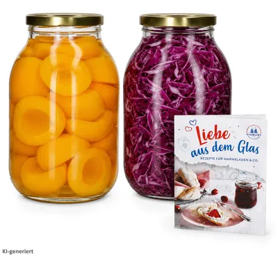 Produktbild von 2er Set Einmachglas 3L Vorratsglas TO100 Deckel gold Rezeptheft
