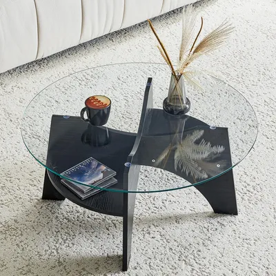 Produktbild von MODFU Moderner runder Couchtisch,Sofatisch mit Stauraum,multifunktionales Design,Kaffeetisch mit Fächerförmiges Gestell,Schwarz