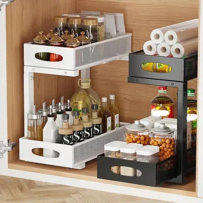 Produktbild von Ausziehbarer Unterschrank-Organizer 2-stufig Metall Schwarz Schrankregal Küche Bad Speisekammer