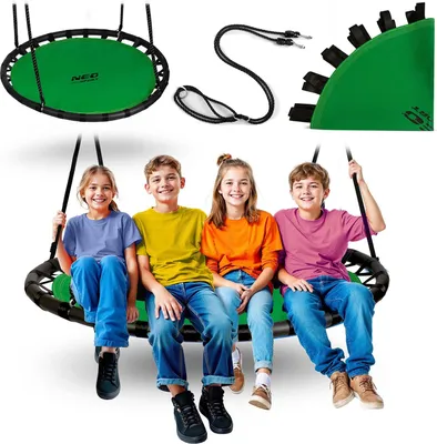 Four children are sitting on a green nest swing. The swing and its accessories are also shown separately.