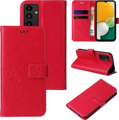 Produktbild von Handyhülle für Samsung Galaxy A13 Floral Blumen Schmetterling Flip Cover Hülle Case Klapphülle Handytasche Farbe: Rot