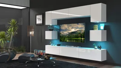 A modern living room with a wall-mounted entertainment unit.