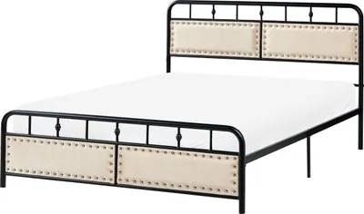 Produktbild von BELIANI Bett Schwarz Metall mit Polsterkopfteil Silberne Nieten Metallrost 140x200 cm Modernes Design Schlicht Schlafzimmer Doppelbett Metallbett