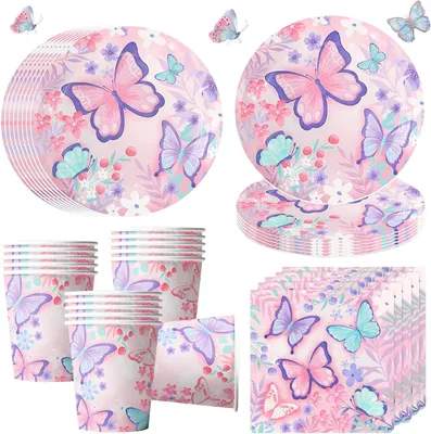 Productafbeelding van Papieren servies "Schmetterling", voor 16 personen, met borden van 18 cm, bekers en servetten, ideaal voor kinderfeestjes