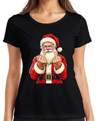 Productafbeelding van Grappig kerstman T-shirt met middelvinger, sarcastisch, humoristisch, voor dames, zwart, maat L
