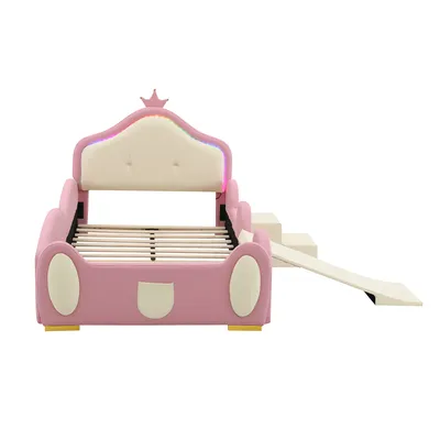 Produktbild von Flieks Kinderbett 90x200cm mit Rutsche und Treppe, Bodenbett Prinzessinbett mit Kronenförmigem Kopfteil, Polsterbett mit Rausfallschutz, PU, Rosa