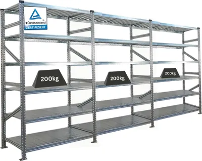 Produktbild von Fachbodenregal PROXIMO mit  Stecksystem | Komplettregal | HxBxT 210x360x60cm | 6 Ebenen | Beidseitig nutzbar | Verzinkt