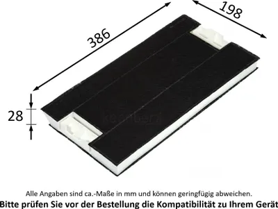 A product image showing carbon filters with dimensions indicated.