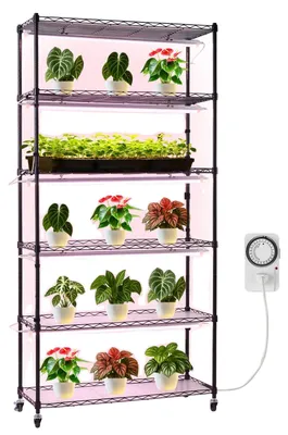 Obrázok produktu pre VEVOR Regál na rastliny s rastovými svetlami, 6-stupňový stojan na izbové rastliny s kolieskami a časovačom, 150 W 3800 K plnospektrálne svetlo, kovový regál na kvety na pestovanie semien, 90 x 35 x 180 cm