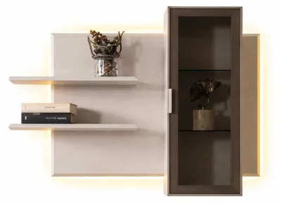 Image de Étagère de style moderne, couleur beige et noir, en verre, avec éclairage, pour le salon