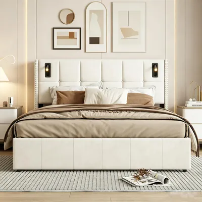 Produktbild von INONEFT Polsterbett mit Stauraum 160 x 200 cm, Doppelbett mit Led Hydraulische Stauraumbett Jugendbett , Samt,Beige