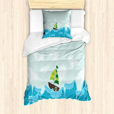 Produktbild von ABAKUHAUS Ozean Bettbezug Set, Segelboot auf dem Seeleben mit Wellen und der bewölkten Himmel-Illustration, 135 x 200 cm + 80 x 80 cm, Babyblau Himmelblau