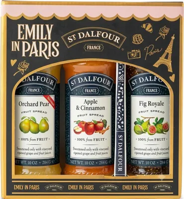 Produktbild von St Dalfour Emily in Paris Fruchtaufstrich Geschenkset: Birne, Apfel Zimt, Feige, 3 x 284g, ohne Zuckerzusatz, 100% Frucht