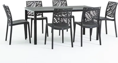 Image de Set de salle à manger d'extérieur avec table rectangulaire 156x78 cm et 6 chaises empilables en résine renforcée de fibres de verre - design moderne imitation bois, idéal pour le jardin, la terrasse et les espaces extérieurs couverts - THOMAS+DAFNE - Noir/Noir