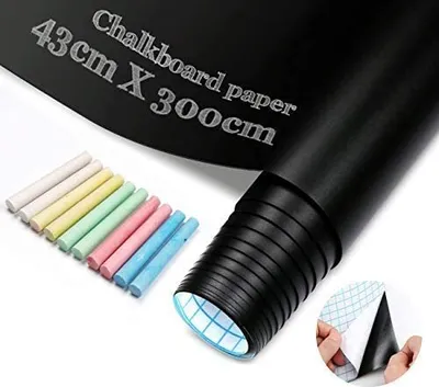 Produktbild von Tafelfolie Selbstklebende Tafel-Aufkleber Schwarz 43x300cm Blackboard Folie extra Dick 10xgemischten Farbkreiden Multifunktion für Kinderzimmer Arbeitsraum  Büro Küchenwand Restaurant