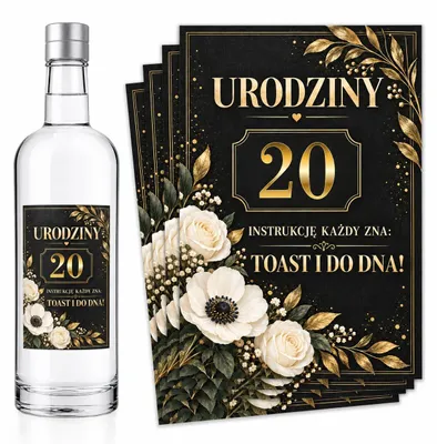 Produktbild von Flaschenetiketten – zum 20. Geburtstag – „Urodziny” – Schwarz-Gold – #166 – 8 Stück