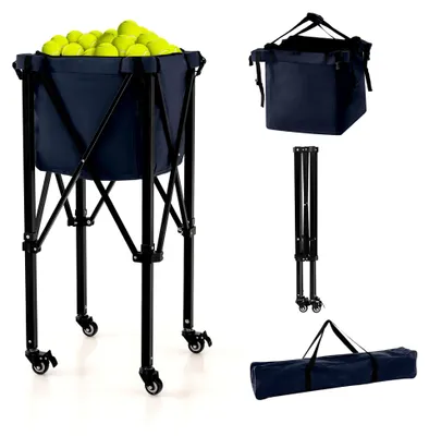 Produktbild von Tennisballwagen mit Rädern, Klappbarer Tennisballkorb mit Tragetasche, Premium Tennis- und Reisekörbe für Erwachsene, Trainingszubehör für 150 Tennisbälle, Dunkelblau