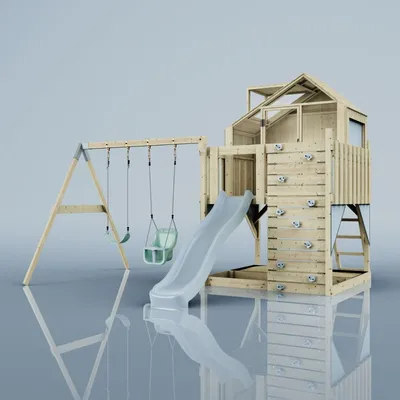 Produktbild von OutdoorToys Spielturm mit Spielhaus inkl. Wellenrutsche und 2x Kinder-Schaukel, Outdoor Klettergerüst Garten, Ausführung: Babyschaukel, Farbe: Eisblau, mit Babyschaukel