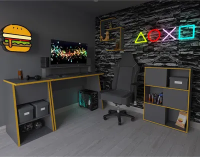A gaming room setup with a desk, chair, computer, and decorations.