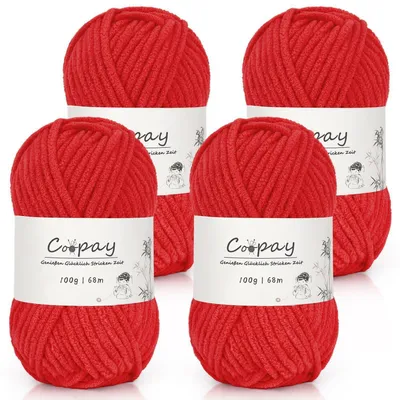 Obrázek produktu pro Chenilleová příze na háčkování a pletení, 4 x 100 g, červená, 100% polyester