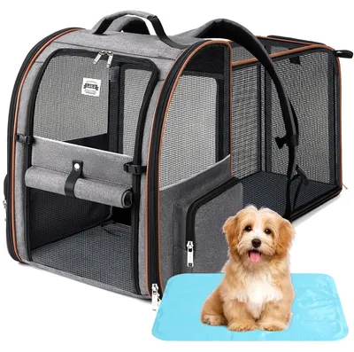 Erweiterbarer Haustierrucksack für Katzen/Hunde bis 8 kg, grau mit Kühlmatten