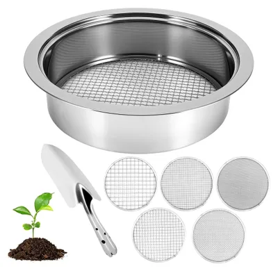 Produktbild von Edelstahl Gartensieb mit 5 Austauschbaren Feinsieben Ø 1,3,6,9,12 mm und Handspaten, Kompostsieb für Erde, Steine, Kompost, Unkraut, Sand, Schotter, Saatgut
