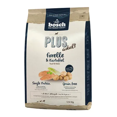 Produktbild von bosch Tiernahrung PLUS Adult Forelle & Kartoffel 2.5kg, Adult, jede Rasse, Kartoffel, Forelle, 2,5 kg