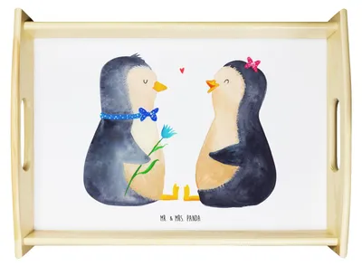 Produktbild von Mr. & Mrs. Panda sofatablett Pinguin Pärchen - Weiß - Geschenk, Servier Tablett, Pinguine, Sofa, Jahrestag, Hochzeitstag, Holztablett, Hochzeit, Serviertablett, Verknallt