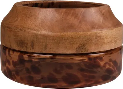 Produktbild von INNA-Glas Glasschale RUSSELL mit Mangoholz, Leopardenmuster, braun-klar, 13,5cm, Ø23cm - Pflanzschale